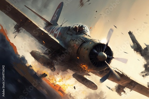 Slika na platnu A Vivid Painting of a WWII Dogfight: A Depiction of Aerial Combat with Detail an