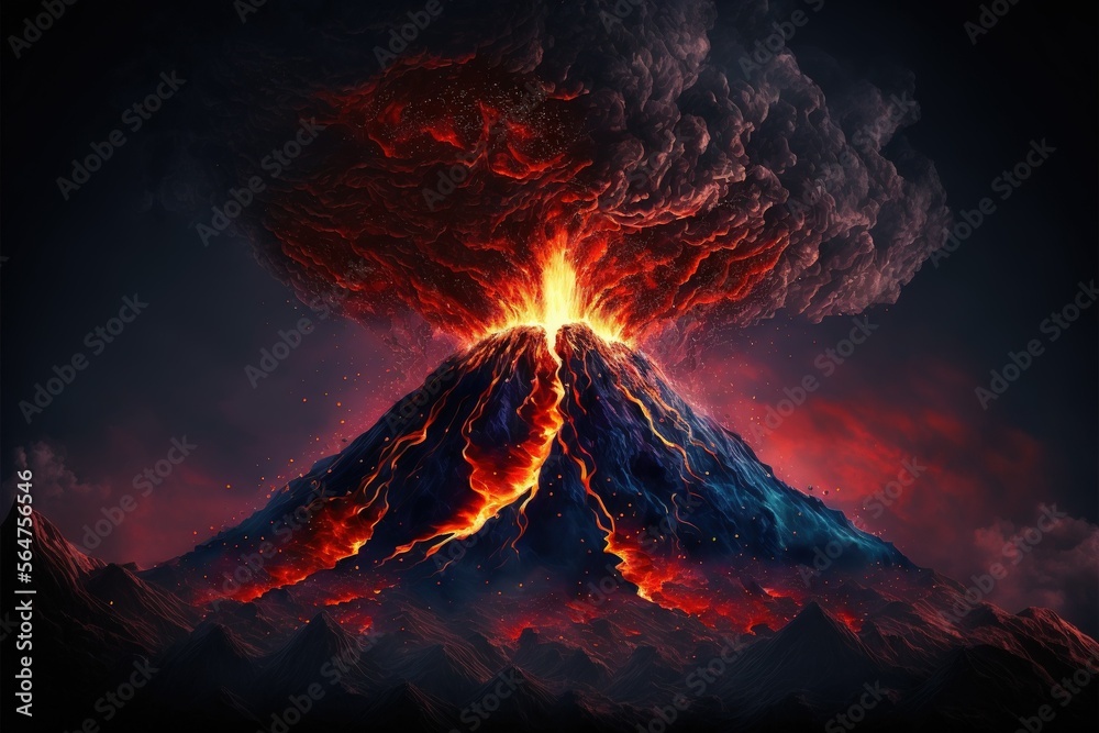 Beautiful high resolution image Volcanic eruption with rising magma and smoke, incredible sight, but at the same time life-threatening, mountain foot, woke up, mesmerizing, earthquake. AI