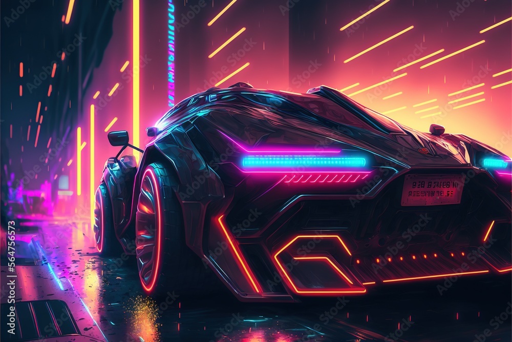 Futuristic cyberpunk neon car in 80s style technology space, futuristic, color saturation, wet asphalt, beautiful wallpaper, metaverse, racing, art, future, night city, light, motorsport, effect. AI