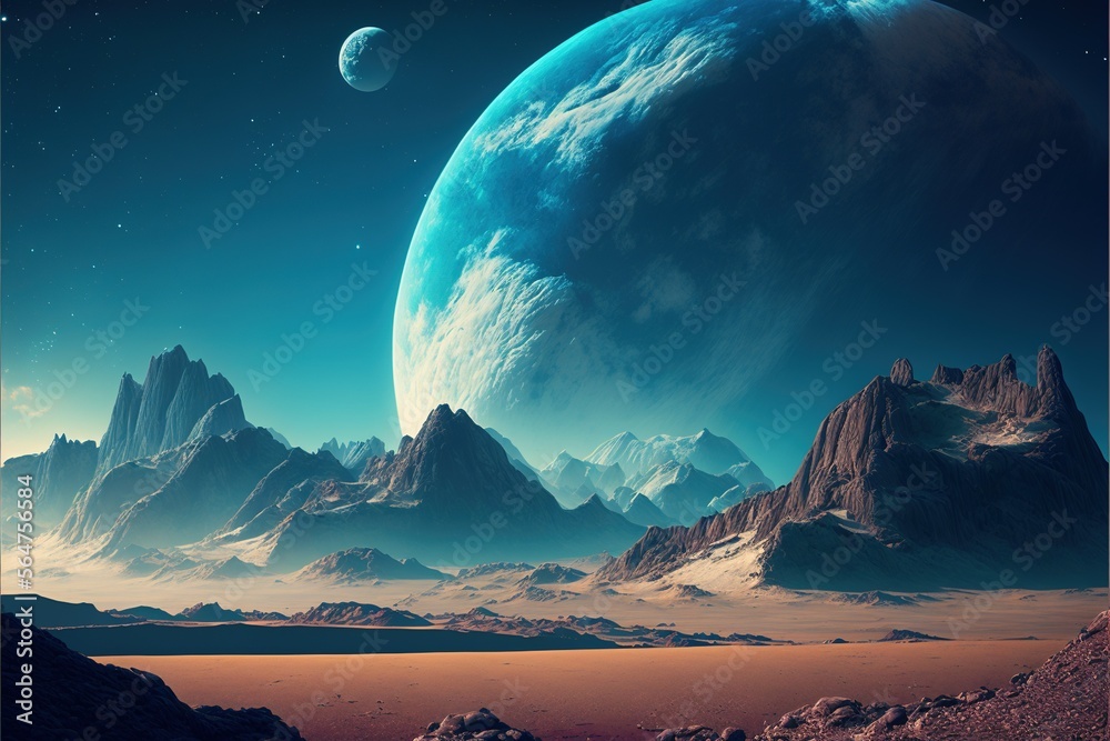Fantastic landscape of a distant planet with a mountain in high