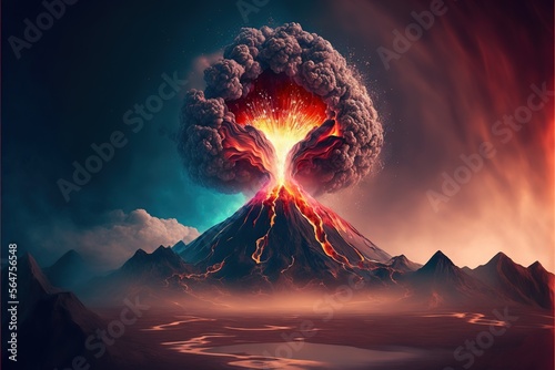 Beautiful high resolution image Volcanic eruption with rising magma and smoke  mostly warm hues  lava  unbelievable but life-threatening sight  mountain foot  woke up  mesmerizing  earthquake. AI