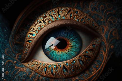 Detail of an abstract embellished eye  a variety of rich colors  detail  high resolution  avatar  wallpaper  painting  iris  patterns  look  beautiful  colors  astronomy  biometric  fantasy. AI