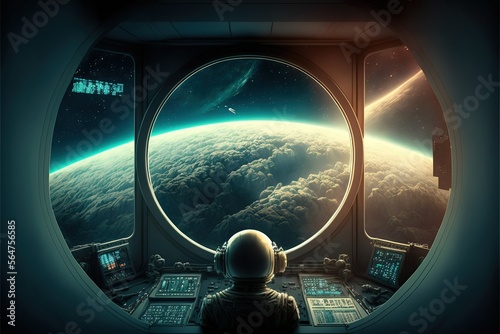 Fototapeta Naklejka Na Ścianę i Meble -  Image Futuristic control center of the spacecraft and a window with a gorgeous view of the planet in cold boundless space in high resolution, a vision of the development of technology in the future.AI