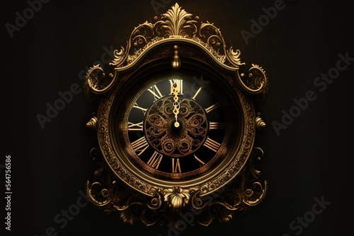 Image Gold black old clock close up front view, high resolution, style, luxury, vintage, gear, metal, business, clockwork, steel, elegance, handmade, 3d render, esoteric, time count. AI