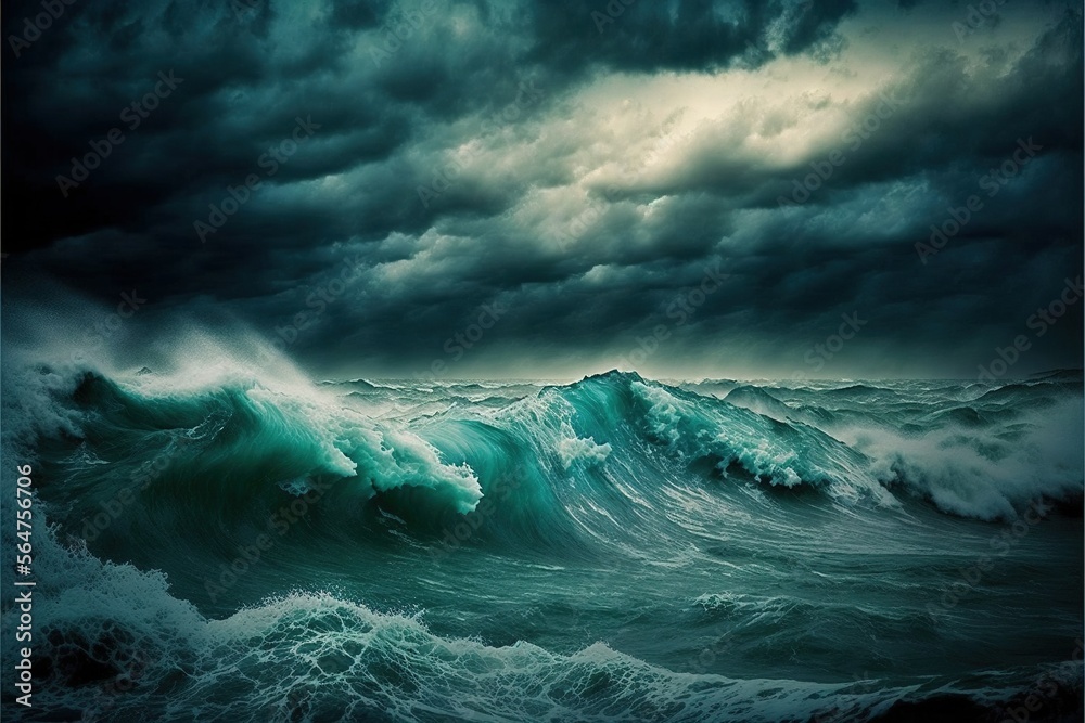 Image Stormy blue ocean with big waves and a cloudy sky in high resolution, illustration, painting, wallpaper, cold colors, state of mind, adversity, anxiety, go to the end, resist problems. AI