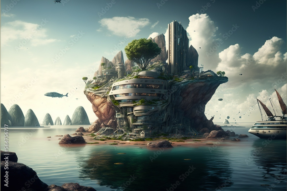 sustainable city built on a rocky island above a beautiful, azure boundless ocean, utopia, resort, travel, vacation, high resolution, quality, style, modern, future. AI