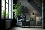 Style loft interior with gray armchair and dark walls, high resolution, gray, calm style, design, modern renovation, elegant, curtain, fantasy, clean, fashion, future. AI