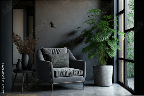 Fototapeta Naklejka Na Ścianę i Meble -  Style loft interior with gray armchair and dark walls, high resolution, style, design, modern renovation, panoramic window, seating area with a cup of coffee or an interesting book, background. AI