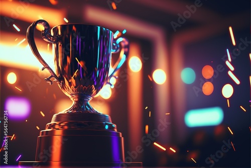 image Winner s trophy in a studio illuminated by neon lights in high resolution  style  beautiful  aesthetics  sparks glare rich colors  competition  rivalry  leadership  team  sport  award  skill. AI