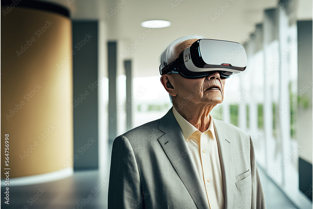 Another reality is here! Handsome old Asian man in VR headset standing in his office. Generative AI Another reality is here! Handsome old Asian man in VR headset standing in his office. Generative AI