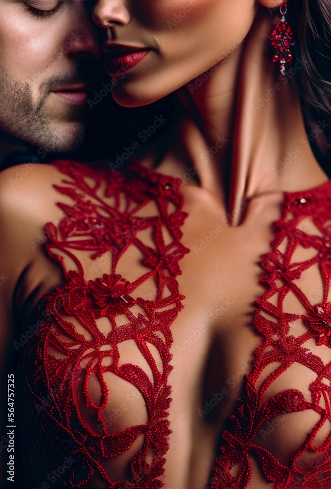 A woman in lingerie kissed by unshaved man, the beautiful black or metis lady wears a red lace elegant transparent body or corset open on her nude breasts, refined chic nudity, made with AI Generative A woman in lingerie kissed by unshaved man, the beautiful black or metis lady wears a red lace elegant transparent body or corset open on her nude breasts, refined chic nudity, made with AI Generative