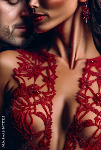 A woman in lingerie kissed by unshaved man, the beautiful black or metis lady wears a red lace elegant transparent body or corset open on her nude breasts, refined chic nudity, made with AI Generative photo