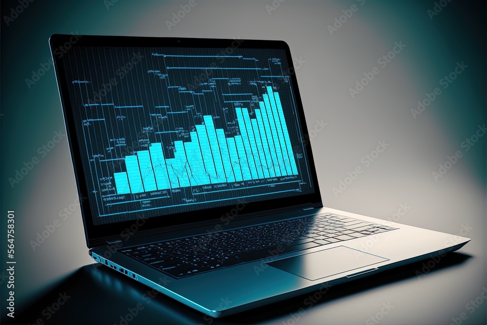 Chart illustration on laptop screen, blue background. Generative AI Chart illustration on laptop screen, blue background. Generative AI
