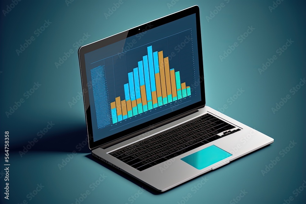 Chart illustration on laptop screen, blue background. Generative AI Chart illustration on laptop screen, blue background. Generative AI