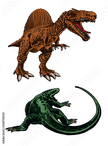 Vector set of varan and dinosaur on white isolated graphical elements