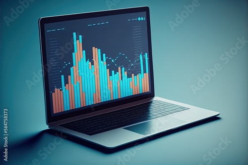 Chart illustration on laptop screen, blue background. Generative AI