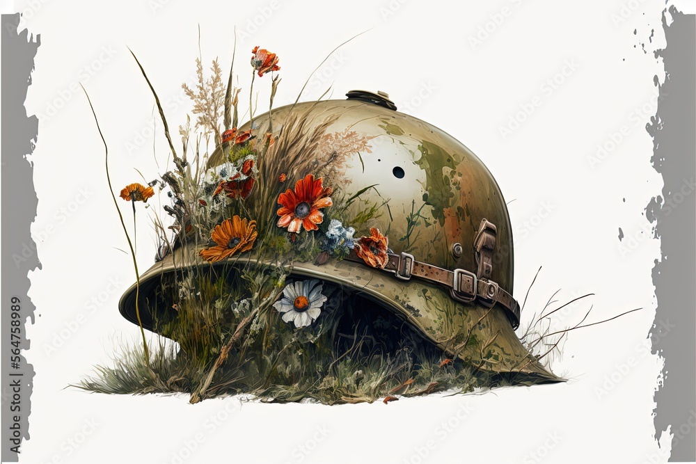Fototapeta premium Painting of deteriorated war helmet with grass and flowers, digital illustration, white background. Generative AI