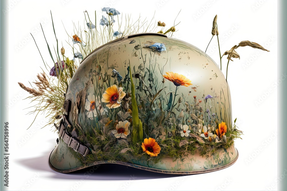 Fototapeta premium Painting of deteriorated war helmet with grass and flowers, digital illustration, white background. Generative AI