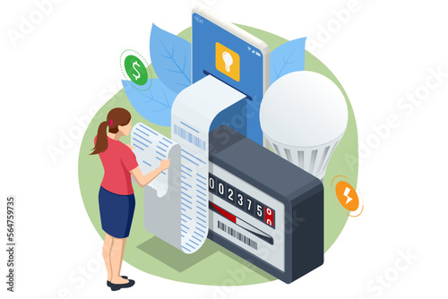 Isometric invoice, payment for electricity. Utility bills and saving resources concept. Utility bills payment. People paying utility, and electricity bills online