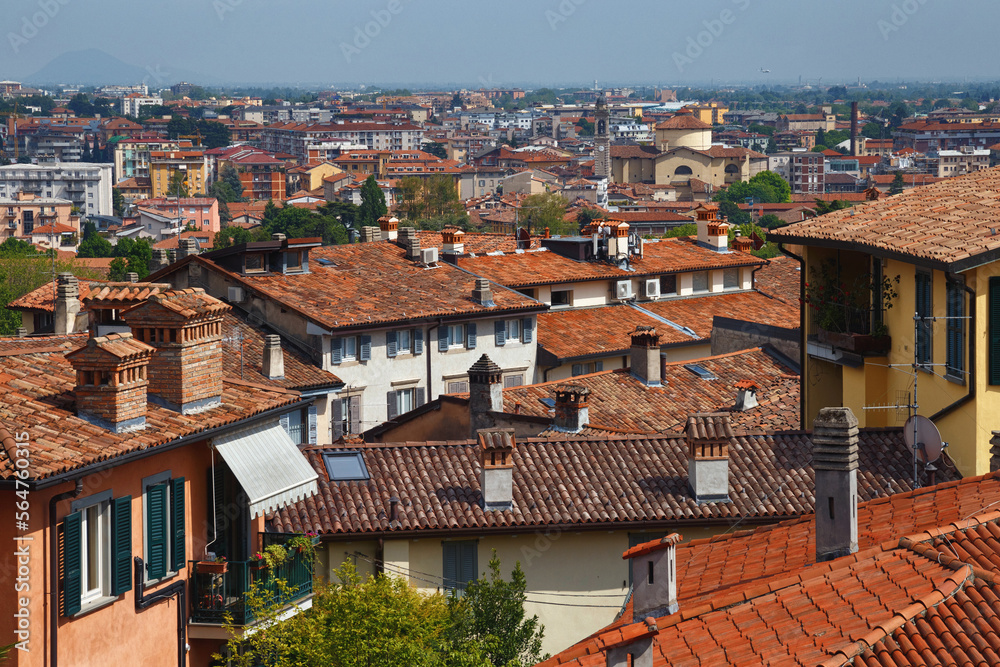 View of the redroof historical buildings in the Bergamo in northern Italy. Bergamo is a city in the Lombardy region.