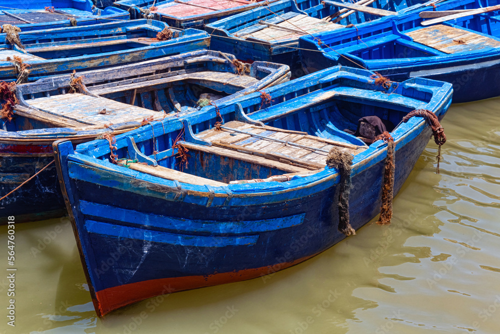 Famous fishing wooden blue boats of the Essaouira. Morocco.