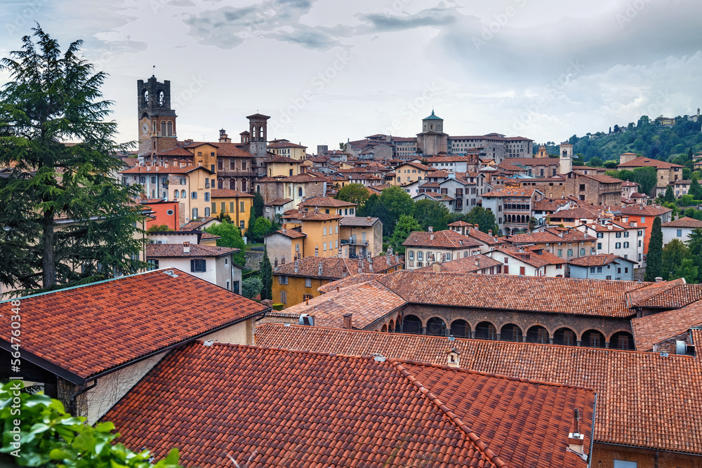 Aerial view of the old historical buildings in Upper Bergamo (Citta Alta). Italy.