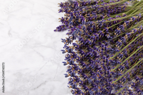 Bouquet of fragrant lavender on a white marble background. Top view. Place for text. Copy space.
