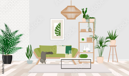 Interior with scandinavian sofa and urban jungle
