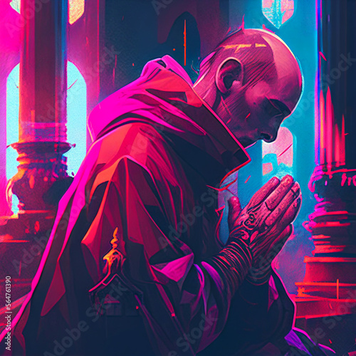 Monk to pray in church. Vintage-style image, purple tone.. photo