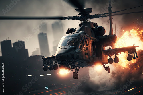 Action-Packed Helicopter Gunship Unleashing Missile and Machine Gun Fire, Generative AI