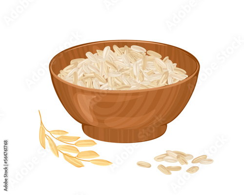 Brown rice seeds in wooden bowl and plant isolated on white background. Healthy organic food. Vector cartoon illustration.