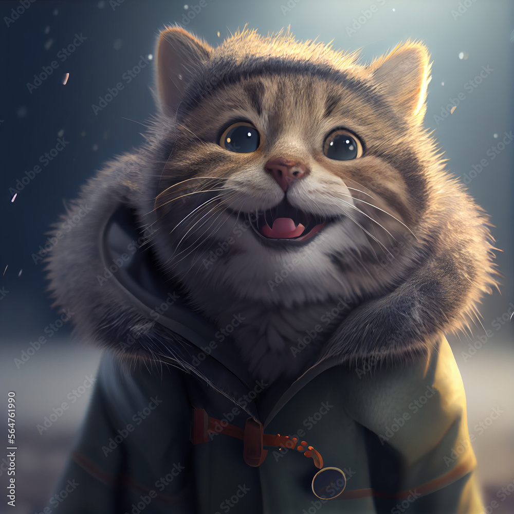 Happy cute baby cat wearing coat, deep portrait, 3d illustration . Pic