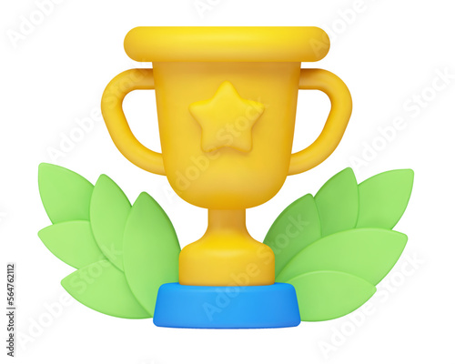 Vector 3d realistic illustration, award, yellow cartoon cup with a star and a laurel wreath