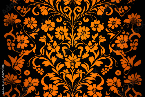 Floral Orange Pattern on Black Background