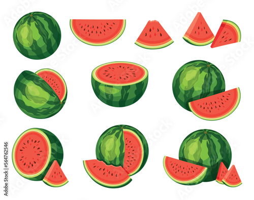 Set of fresh red watermelons in cartoon style. Triangle shaped watermelon, piece of bitten watermelon. Vector illustration of whole and cut fruits, big and small sizes on white background.