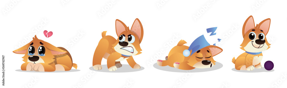 Fototapeta premium Cute Cartoon Puppy with Big Ears Showing Different Mood and Emotion Vector Set