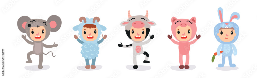 Cute Kid Characters Wearing Animal Costumes Vector Illustration Set Cute Kid Characters Wearing Animal Costumes Vector Illustration Set