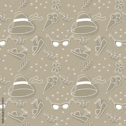 Hat, sunglasses, espadrilles, ice cream cone. Set of accessories for a beach holiday and flowers vector seamless pattern white on a taup background