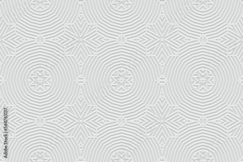 Embossed white background, ethnic cover design. Geometric 3D pattern, press paper. Boho style, art deco, modern. Tribal unique textures of the peoples of the East, Asia, India, Mexico, Aztecs, Peru.