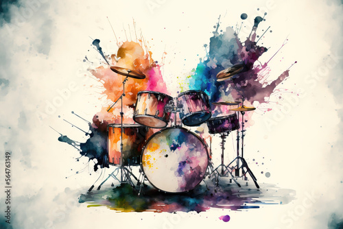 Photo close-up of drums in a aquarelle style, ai generated