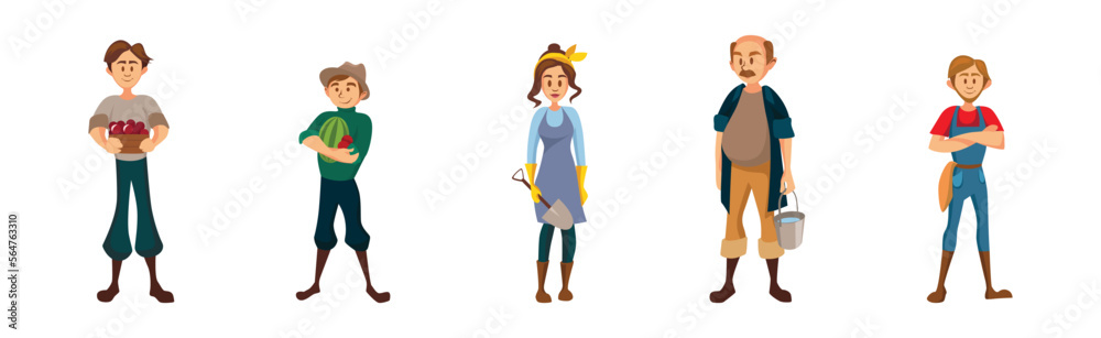 Man and Woman Farmers Standing with Shovel, Bucket and Crops Vector Set
