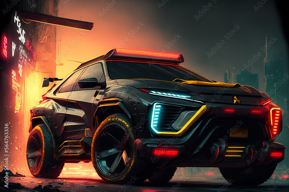 Naklejka premium futuristic sport suv from cyberpunk world made by generative ai