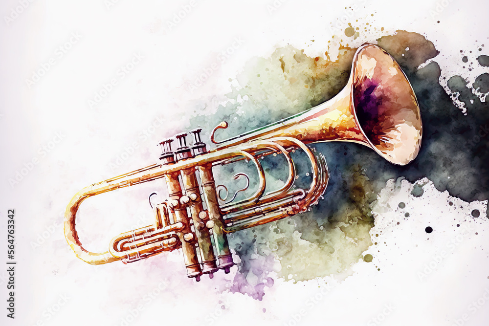 close-up of a trumpet in aquarelle style, ai generated - obrazy, fototapety, plakaty 