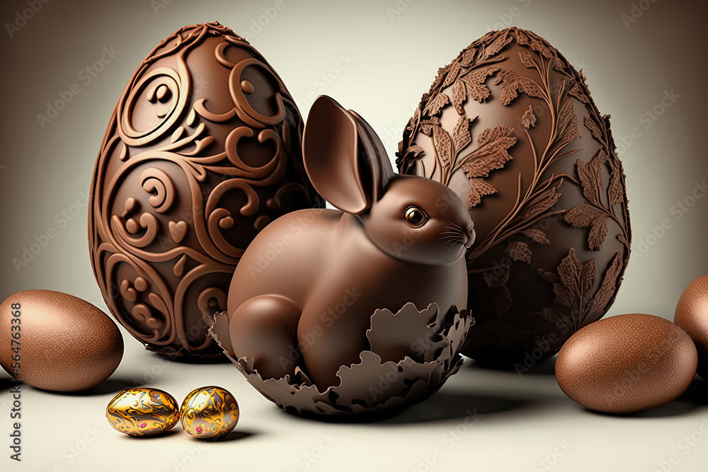 ai generated midjourney illustration of chocolate eggs and a brown easter bunny ai generated midjourney illustration of chocolate eggs and a brown easter bunny