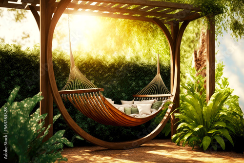 Leinwand Poster wooden garden arbour with two hammock to relax in nature