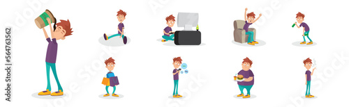 Man Character Having Bad Habits Playing Video Game, Drinking Alcohol and Taking Drugs Vector Illustration Set
