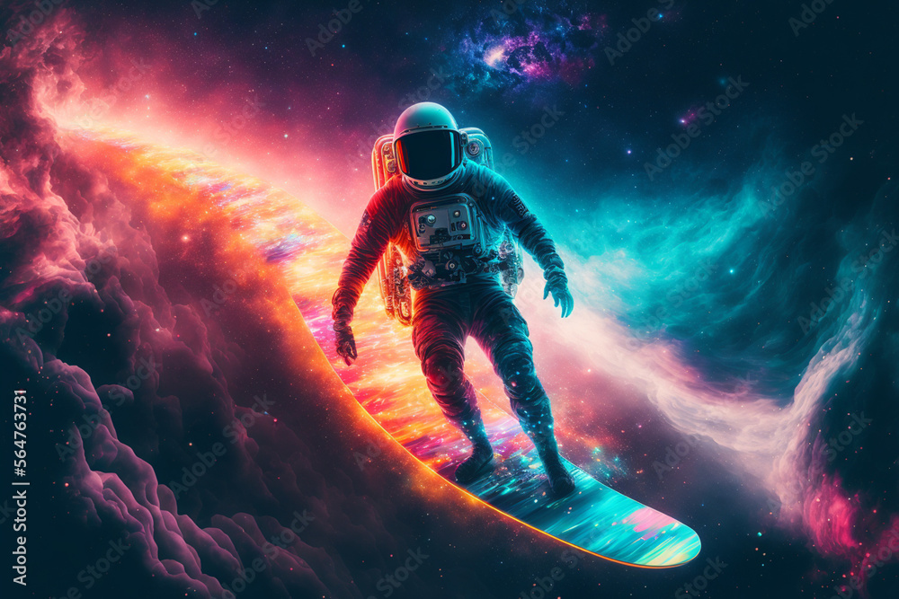 astronaut surfing the nebula in a futuristic suit made by generative ai