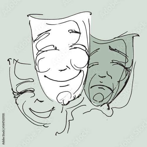 Comedy and tragedy theater masks. Actor's masks. Game of actors. Comic and tragic mask. Human emotions. Joy and sorrow. Theatrical masks vector illustration