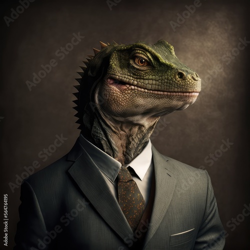 Fotografering Portrait of a Reptile lizard dressed in a formal business suit, generative ai