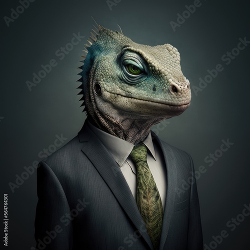 Fotografering Portrait of a Reptile lizard dressed in a formal business suit, generative ai